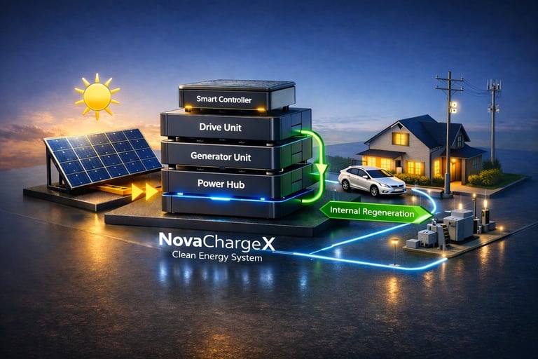 NovaChargeX clean energy system with solar panels, smart controller, drive unit, generator, and power hub next to a house at sunset