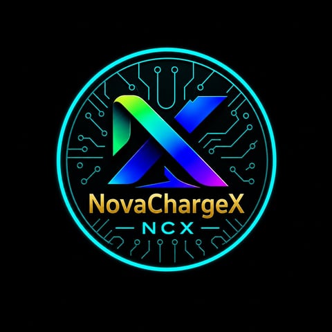 NovaChargeX logo featuring a cyan circle with circuit board pattern, neon X symbol in blue and green gradient, and NCX text on black background