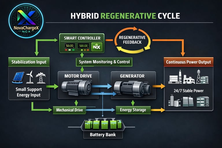 Diagram of NovaChargeX hybrid regenerative cycle showing energy flow between motor drive, generator, battery bank, and 24/7 power output systems.