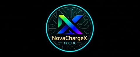 NovaChargeX NCX logo with cyan circuit pattern circle and blue-green X symbol on black background