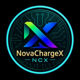 NovaChargeX NCX logo with neon cyan circle border, circuit patterns, and gradient blue-green X icon on dark background